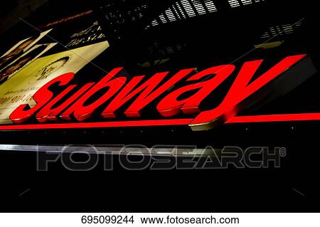 Low angle view of a subway station neon sign, Manhattan, New York City, New York State, USA View Large Photo Image Picture - Low angle view of a subway station neon sign, Manhattan, New York City, New York State, USA. Fotosearch