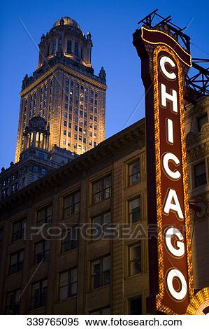 Low angle view of Chicago neon sign lit up at dusk, Chicago Theatre, Chicago, Illinois, USA View Large Photo Image Stock Photography - Low angle view of Chicago neon sign lit up at dusk, Chicago Theatre, Chicago, Illinois, USA. Fotosearch