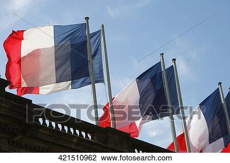 Stock Image - Low angle view of French flags on a government building, Hotel De Ville, Bordeaux, Aquitaine, France. Fotosearch