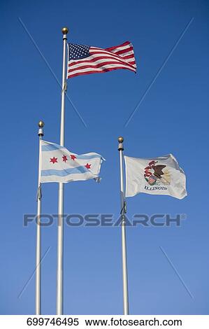 Low angle view of three flags, Chicago, Illinois, USA View Large Photo Image Stock Photography - Low angle view of three flags, Chicago, Illinois, USA. Fotosearch
