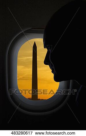 Stock Photo - Obelisk viewed through the window of an airplane, Washington Monument, Washington DC, USA. Fotosearch