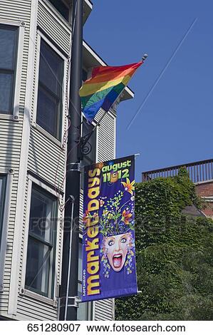 Stock Photo - Rainbow flag attached to a building, Boystown, Northalsted, Chicago, Illinois, USA. Fotosearch