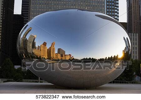Reflection of buildings on a sculpture, The Bean, Cloud Gate, Millennium Park, Chicago, Illinois, USA View Large Photo Image Stock Photo - Reflection of buildings on a sculpture, The Bean, Cloud Gate, Millennium Park, Chicago, Illinois, USA. Fotosearch