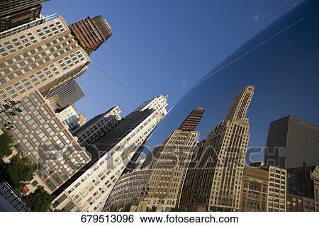 Reflection of buildings on a sculpture, The Bean, Cloud Gate, Millennium Park, Chicago, Illinois, USA View Large Photo Image Stock Photograph - Reflection of buildings on a sculpture, The Bean, Cloud Gate, Millennium Park, Chicago, Illinois, USA. Fotosearch