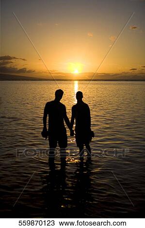 Silhouette of two gay men standing in water at sunset, Maui, Hawaii, USA View Large Photo Image Stock Image - Silhouette of two gay men standing in water at sunset, Maui, Hawaii, USA. Fotosearch