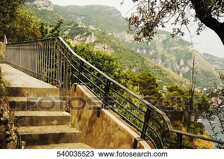 Stock Image - Staircase on a mountain, Sorrento, Sorrentine Peninsula, Naples Province, Campania, Italy. Fotosearch