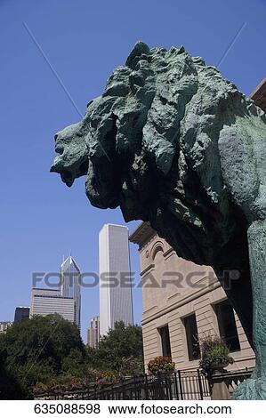 Stock Photo - Statue of lion outside an art museum, Art Institute of Chicago, Chicago, Illinois, USA. Fotosearch
