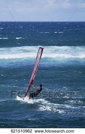 Stock Image - Tourist windsurfing in the sea, Hookipa Beach, Maui, Hawaii, USA. Fotosearch