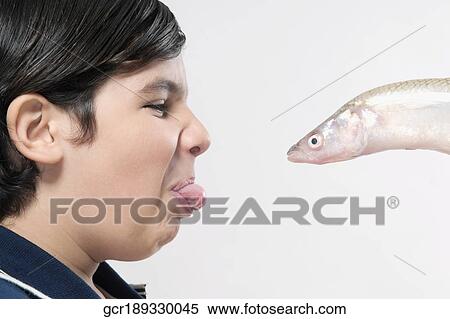 Boy facing a fish and making a disgust face View Large Photo Image Stock Photography - Boy facing a fish and making a disgust face. Fotosearch