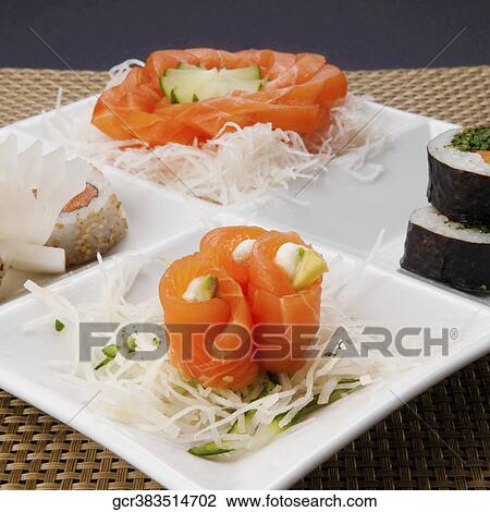Close-up of a platter of assorted sushi View Large Photo Image Stock Image - Close-up of a platter of assorted sushi. Fotosearch