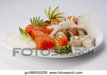 Close-up of a platter of assorted sushi View Large Photo Image Stock Photo - Close-up of a platter of assorted sushi. Fotosearch