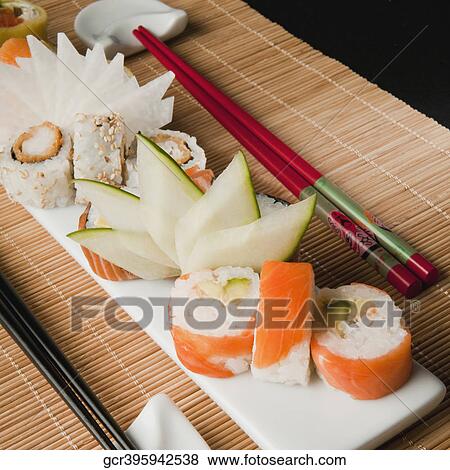 Close-up of a platter of assorted sushi View Large Photo Image Stock Photo - Close-up of a platter of assorted sushi. Fotosearch