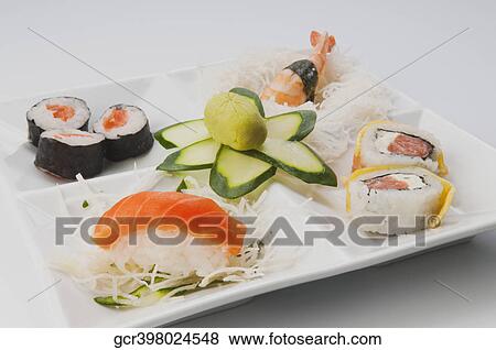 Close-up of a platter of assorted sushi View Large Photo Image Stock Photo - Close-up of a platter of assorted sushi. Fotosearch
