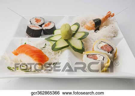 Close-up of a platter of assorted sushi View Large Photo Image Stock Photograph - Close-up of a platter of assorted sushi. Fotosearch