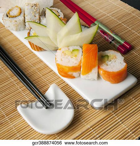 Close-up of a platter of assorted sushi View Large Photo Image Stock Photograph - Close-up of a platter of assorted sushi. Fotosearch