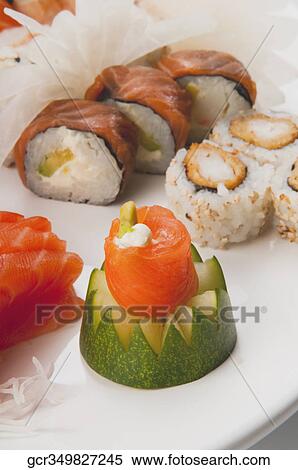 Close-up of a platter of assorted sushi View Large Photo Image Stock Photography - Close-up of a platter of assorted sushi. Fotosearch