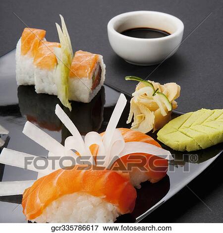 Close-up of an assorted sushi platter View Large Photo Image Stock Photo - Close-up of an assorted sushi platter. Fotosearch