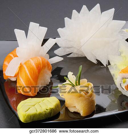 Close-up of an assorted sushi platter View Large Photo Image Stock Photograph - Close-up of an assorted sushi platter. Fotosearch