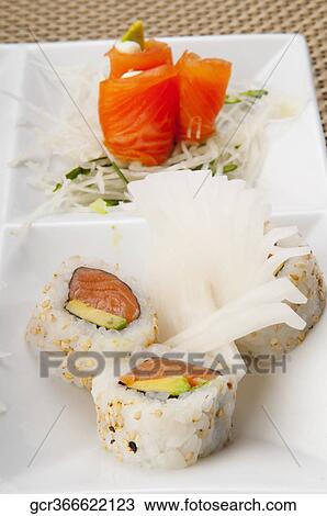 Stock Image - Close-up of assorted sushi. Fotosearch