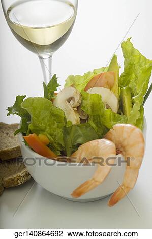 Close-up of prawns and salad served with bread View Large Photo Image Stock Image - Close-up of prawns and salad served with bread. Fotosearch