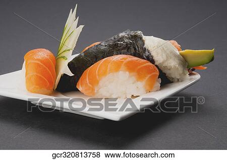 Close-up of salmon sushi View Large Photo Image Stock Photo - Close-up of salmon sushi. Fotosearch