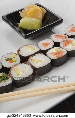 Close-up of sushi rolls with wasabi paste View Large Photo Image Stock Image - Close-up of sushi rolls with wasabi paste. Fotosearch