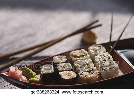 Close-up of various sushi in a plate View Large Photo Image Picture - Close-up of various sushi in a plate. Fotosearch