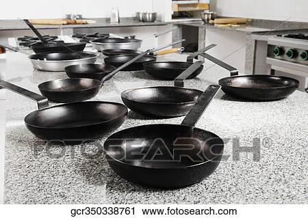 Frying pans in the kitchen View Large Photo Image Stock Image - Frying pans in the kitchen. Fotosearch