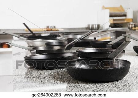 Frying pans in the kitchen View Large Photo Image Stock Photo - Frying pans in the kitchen. Fotosearch