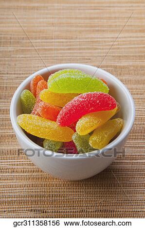 High angle view of a bowl of jelly candies View Large Photo Image Stock Photograph - High angle view of a bowl of jelly candies. Fotosearch