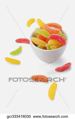 High angle view of a bowl of jelly candies View Large Photo Image Stock Photography - High angle view of a bowl of jelly candies. Fotosearch