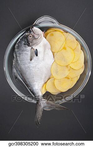 Stock Image - High angle view of a fish with sliced potatoes. Fotosearch