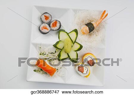 High angle view of a platter of assorted sushi View Large Photo Image Stock Photo - High angle view of a platter of assorted sushi. Fotosearch