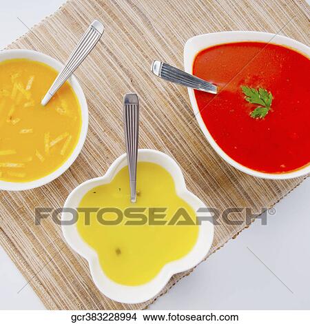 High angle view of bowls of assorted soups View Large Photo Image Picture - High angle view of bowls of assorted soups. Fotosearch