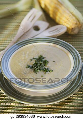 High angle view of corn soup View Large Photo Image Stock Photograph - High angle view of corn soup. Fotosearch