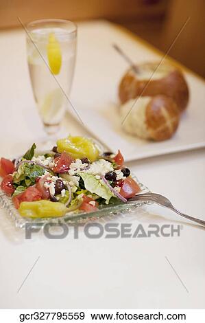 High angle view of salad served with soup View Large Photo Image Stock Photo - High angle view of salad served with soup. Fotosearch