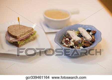 High angle view of salad with sandwich and soup View Large Photo Image Picture - High angle view of salad with sandwich and soup. Fotosearch