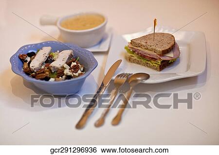High angle view of salad with sandwich and soup View Large Photo Image Stock Photograph - High angle view of salad with sandwich and soup. Fotosearch