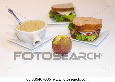 High angle view of sandwiches with fruit and soup View Large Photo Image Stock Photography - High angle view of sandwiches with fruit and soup. Fotosearch