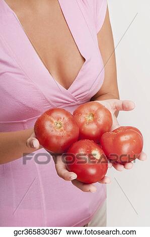 Mid section view of a woman holding tomatoes View Large Photo Image Stock Photo - Mid section view of a woman holding tomatoes. Fotosearch