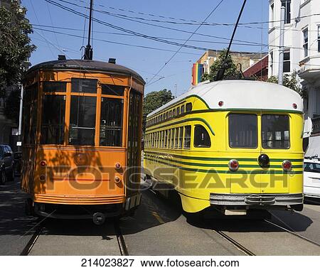Cable cars in a street, Castro District, San Francisco, California, USA View Large Photo Image Stock Photo - Cable cars in a street, Castro District, San Francisco, California, USA. Fotosearch