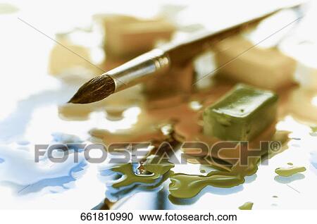 Close-up of a paintbrush with watercolor paint cubes View Large Photo Image Stock Image - Close-up of a paintbrush with watercolor paint cubes. Fotosearch
