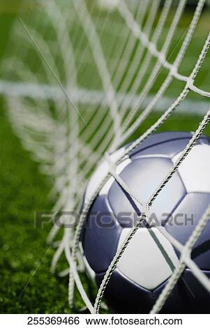Close-up of a soccer ball in the net View Large Photo Image Stock Photograph - Close-up of a soccer ball in the net. Fotosearch