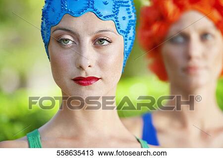Stock Image - Close-up of a woman wearing swimming cap, Biltmore Hotel, Coral Gables, Florida, USA. Fotosearch