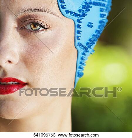 Stock Image - Close-up of a woman wearing swimming cap, Biltmore Hotel, Coral Gables, Florida, USA. Fotosearch