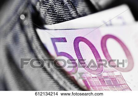 Picture - Close-up of European union banknotes in a back pocket. Fotosearch