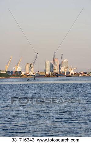 Stock Image - Cranes at a commercial dock, Port Of Miami, Miami Beach, Florida, USA. Fotosearch