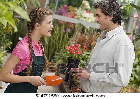 Stock Image - Customer buying a potted plant in a greenhouse. Fotosearch