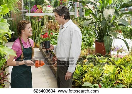 Picture - Female planter and a customer in a greenhouse. Fotosearch