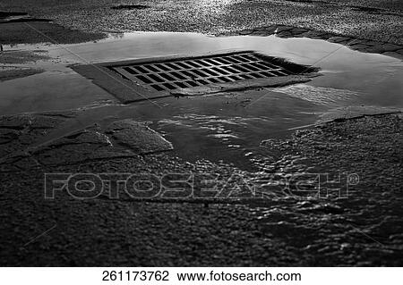 Stock Image - High angle view of a sewer drain after rain. Fotosearch